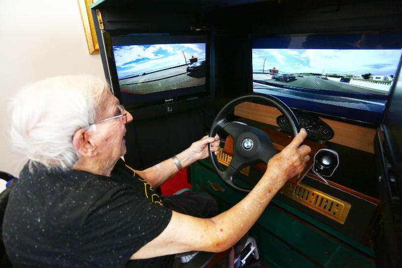 Tom driving the Virtual "Home Run Bus"