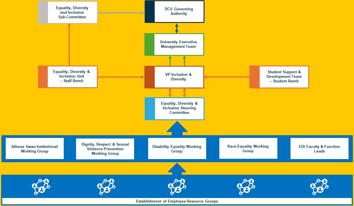 EDI Governance Structure Chart showing the flow of information from the Employee Resource group up through the EDI Steering Committee to DCU Governing Authority with input from other groups