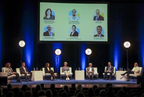 Shows DCU strategy pillar owners on stage for DCU Strategy launch event in The Helix on October 5th, 2023