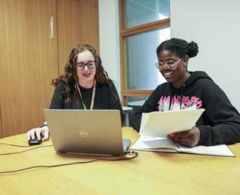 A student and subject librarian sitting together at a desk, looking at a laptop and consulting notes