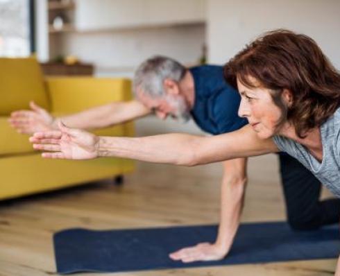 Shows elderly couple exercising