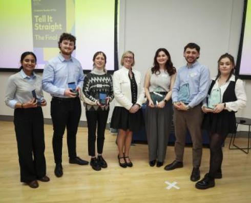 In Photo (from left) Tell It Straight Winners and Runners-Up: Sukanya Shukla, Hugh Mohan, Deirbhle Nic An Aoire, Prof Sharon O’Brien, Méabh Ní Shluáin, Jake Tiernan, and Megan Griffiths. 