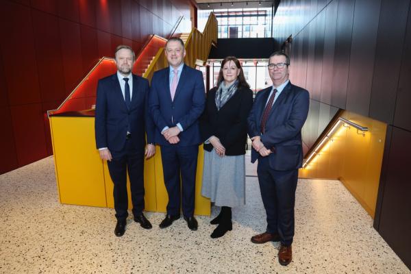 H.E. Bjorn Berge, Deputy Secretary General of the Council of Europe; Thomas Byrne TD, Minister of State for European Affairs and Defence; Prof Anne Sinnott, Deputy President of DCU and Prof Derek Hand, Dean of Humanities and Social Sciences, DCU.