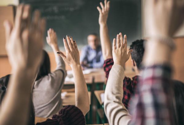 Shows children in class raising their hands to answer a question, in the background the teacher is visible in soft focus