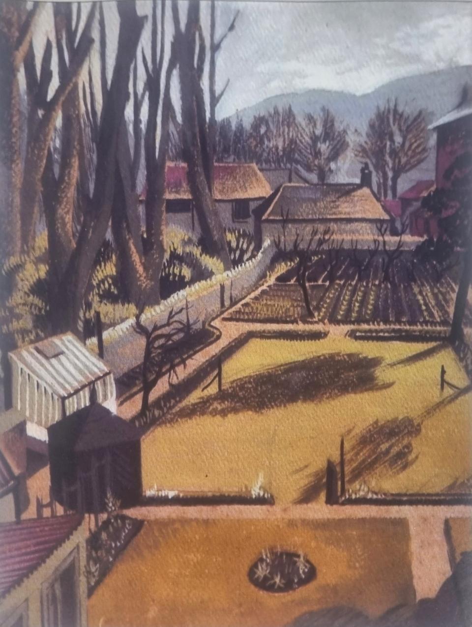 Painted picture of a view from a garden located in Terenure, Dublin. Tall trees to the left and yellow green fields