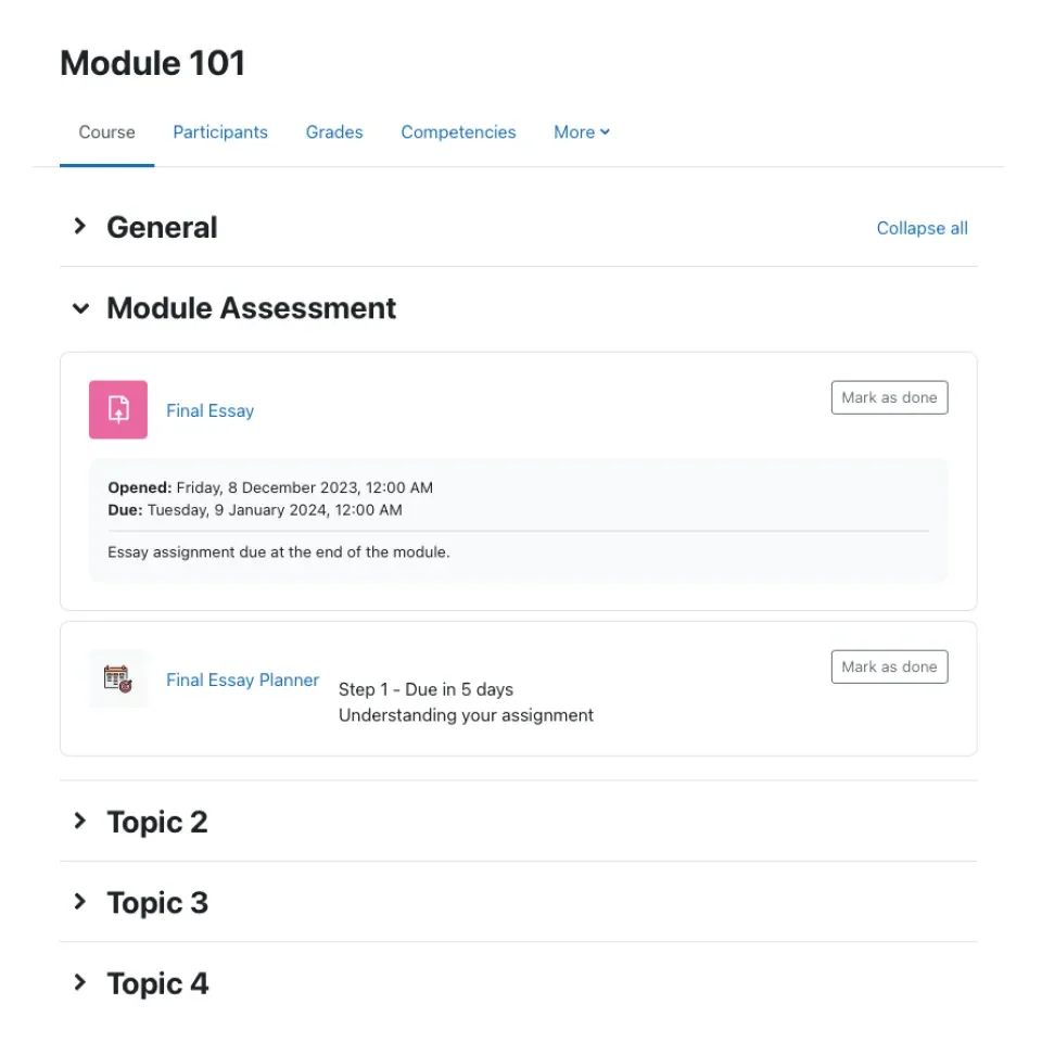 Screenshot of Moodle course with Assignment and Planner