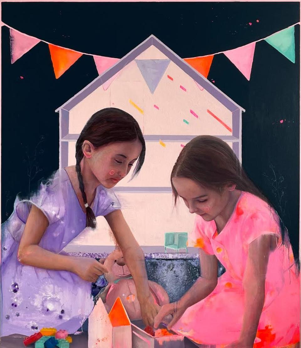 Painting of two children, both female. One wears a purple dress and one wears a bright pink dress. Both girls are playing with building blocks 