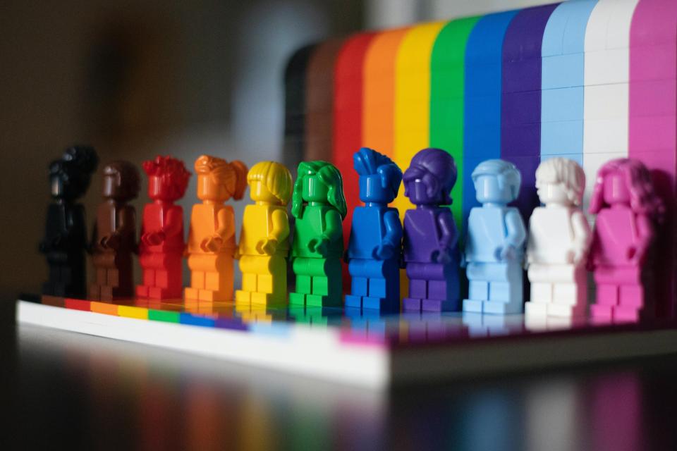 Lego figures in rainbow colours