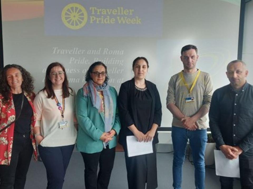 Representatives from DCU and Pavee Point celebrate DCU's first Traveller and Roma Pride Coffee Morning