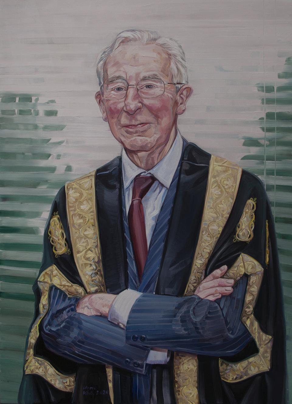 Mr Tom Hadriman - painting of a man with grey hair and glasses wearing a navy pinstripe suit and red tie and graduation gown