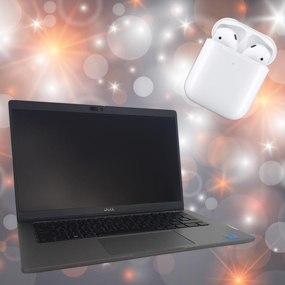 sparkly background with a dell laptop and airpods 