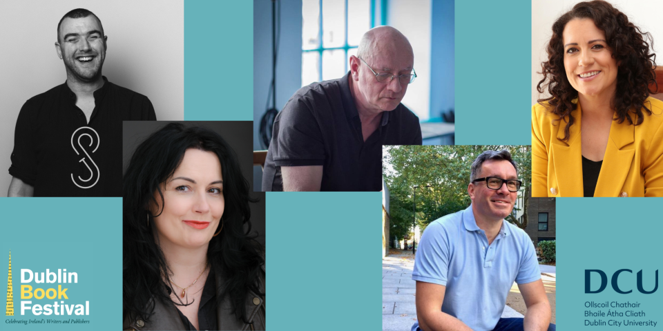 5 writers - two women and three men in five different images on a aqua blue background