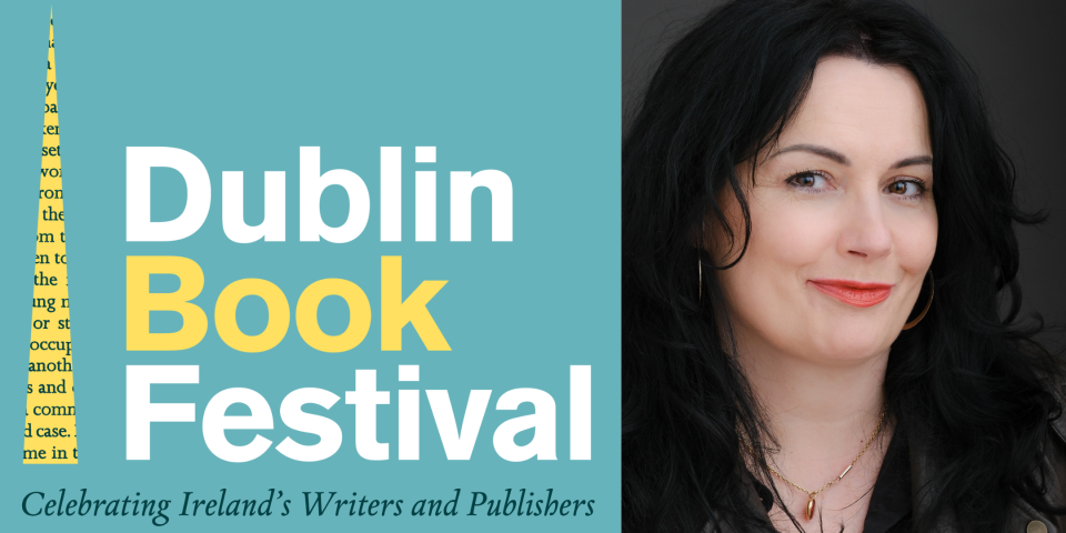 Dublin Book Festival text and picture of Aingeala Flannery Author with Black hair and red lipstick smiling 