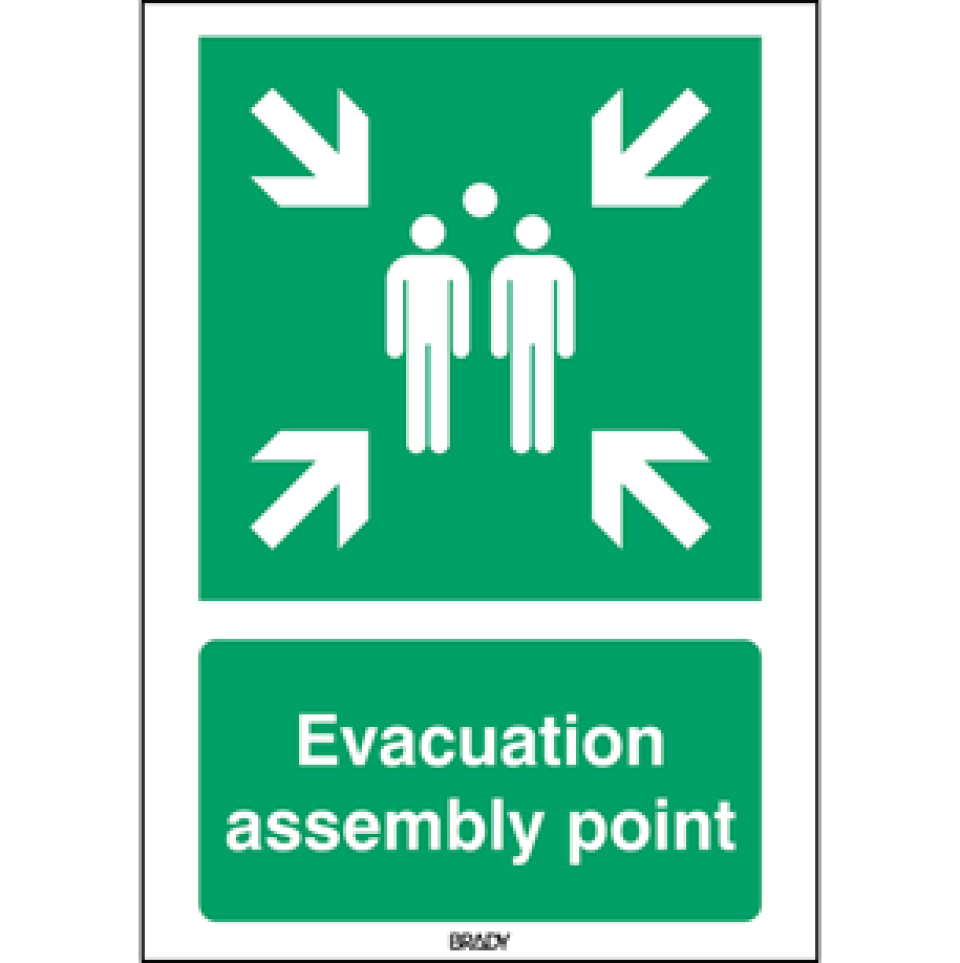 Icon showing the figures of two people with four arrows pointing in to them over the text evacuation assembly point