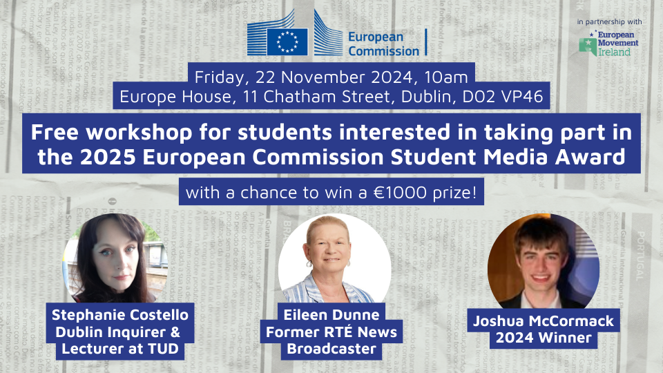 Promotional event image featuring three speakers for the SMEADIASs workshop. Each speaker is shown with their name and title: Eileen Dunne, former Journalist and Broadcaster with RTÉ, Stephanie Costello, Dublin Inquirer and Lecturer at TUD, Joshua McCormack, Winner of the 2024 European Commission SMEDIAs Award. The event date is November 22, 2024, at 10:00am.