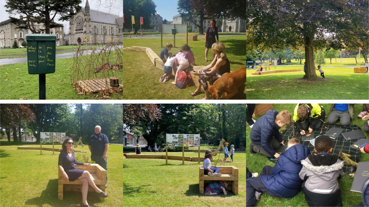 Selection of images of children and adults playing in a green field on All Hallows Campus 