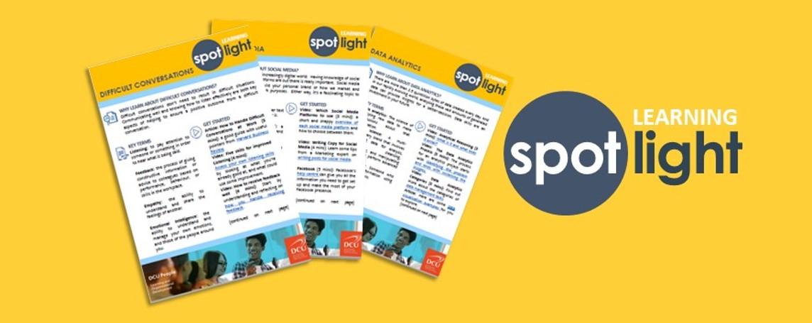 Picture which shows three of the learning spotlight documents fanned out and has the word 'spotlight' beside them