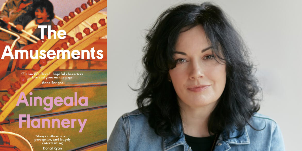 split screen with book cover called 'The Amusements' alongside the Author Aingeala Flannery 