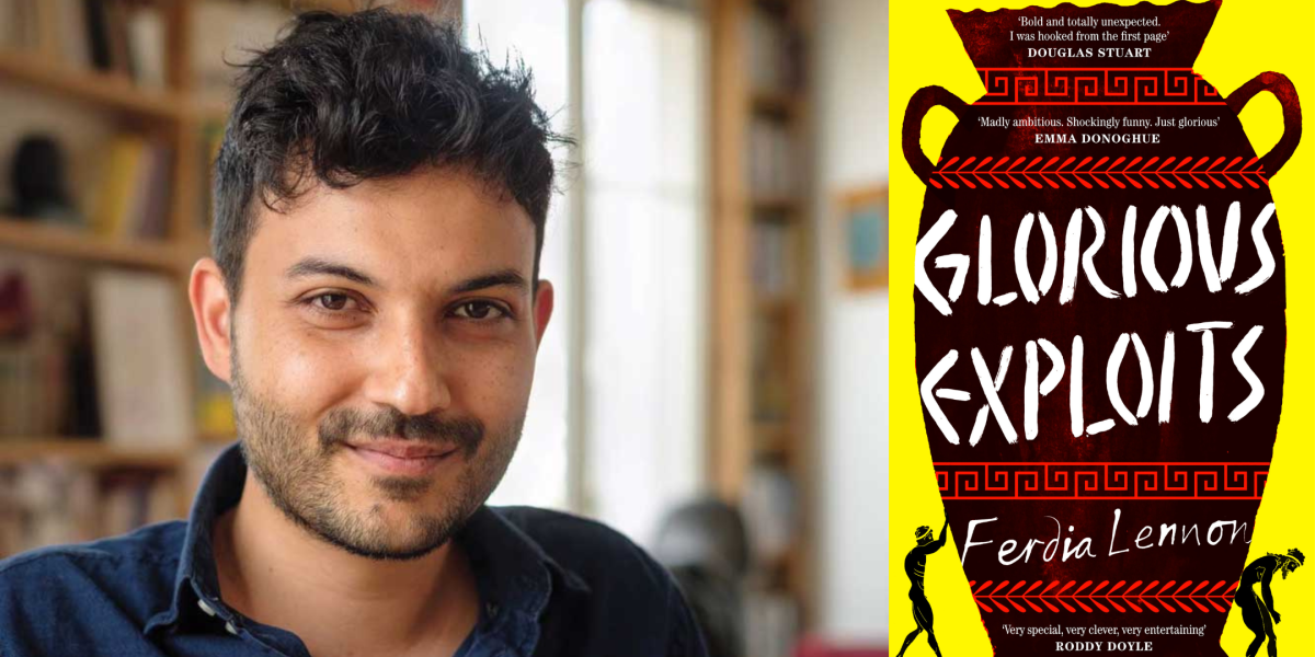 split screen with book cover called 'Glorious Exploits' alongside the Author Ferdia Lennon 