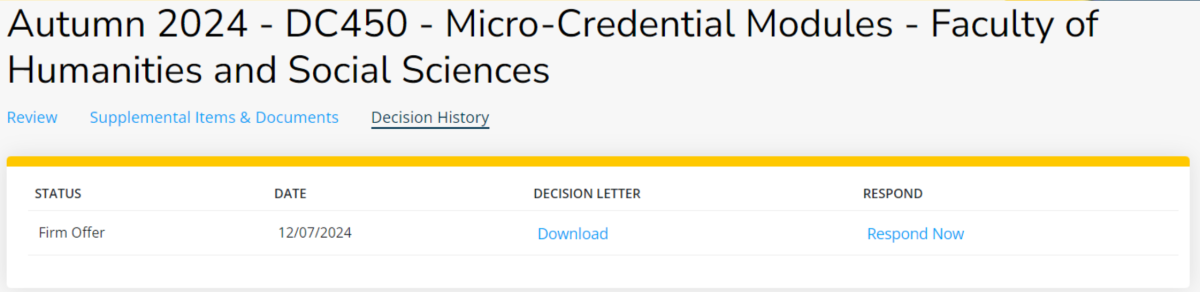 Decision history tab with link to respond to offer