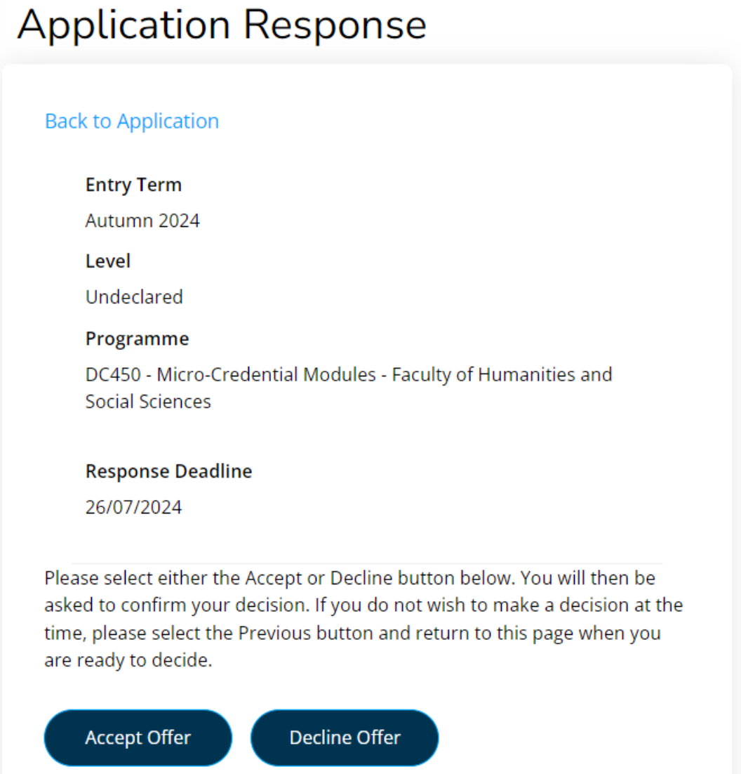 Application response screen
