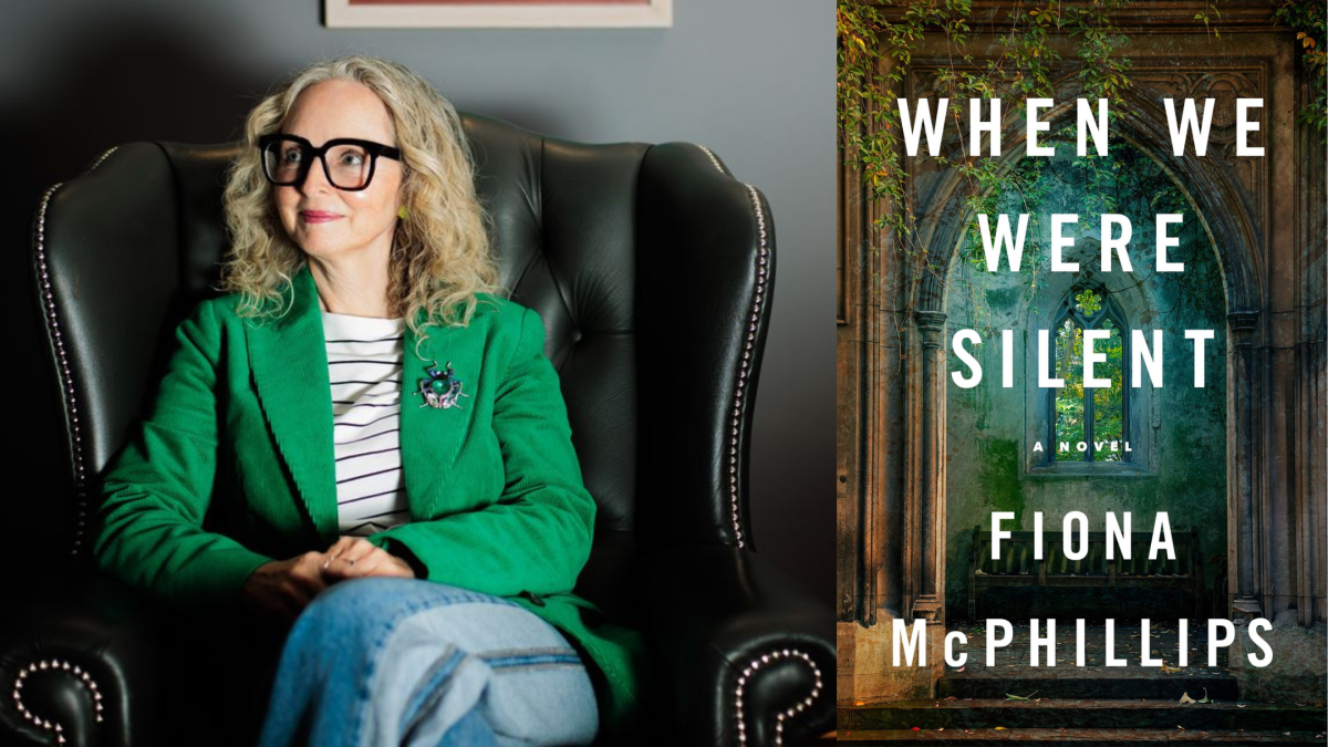 Author with blonde hair and green blazer sitting on chair beside cover of her book - When We Were Silent