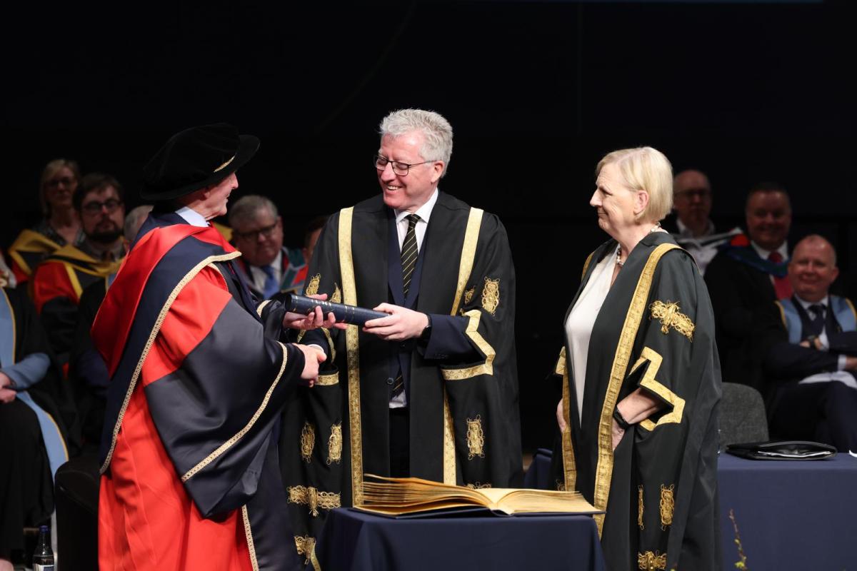 Enda Kenny receives his honorary doctorate from DCU President Professor Daire Keogh and DCU Chancellor Brid Horan
