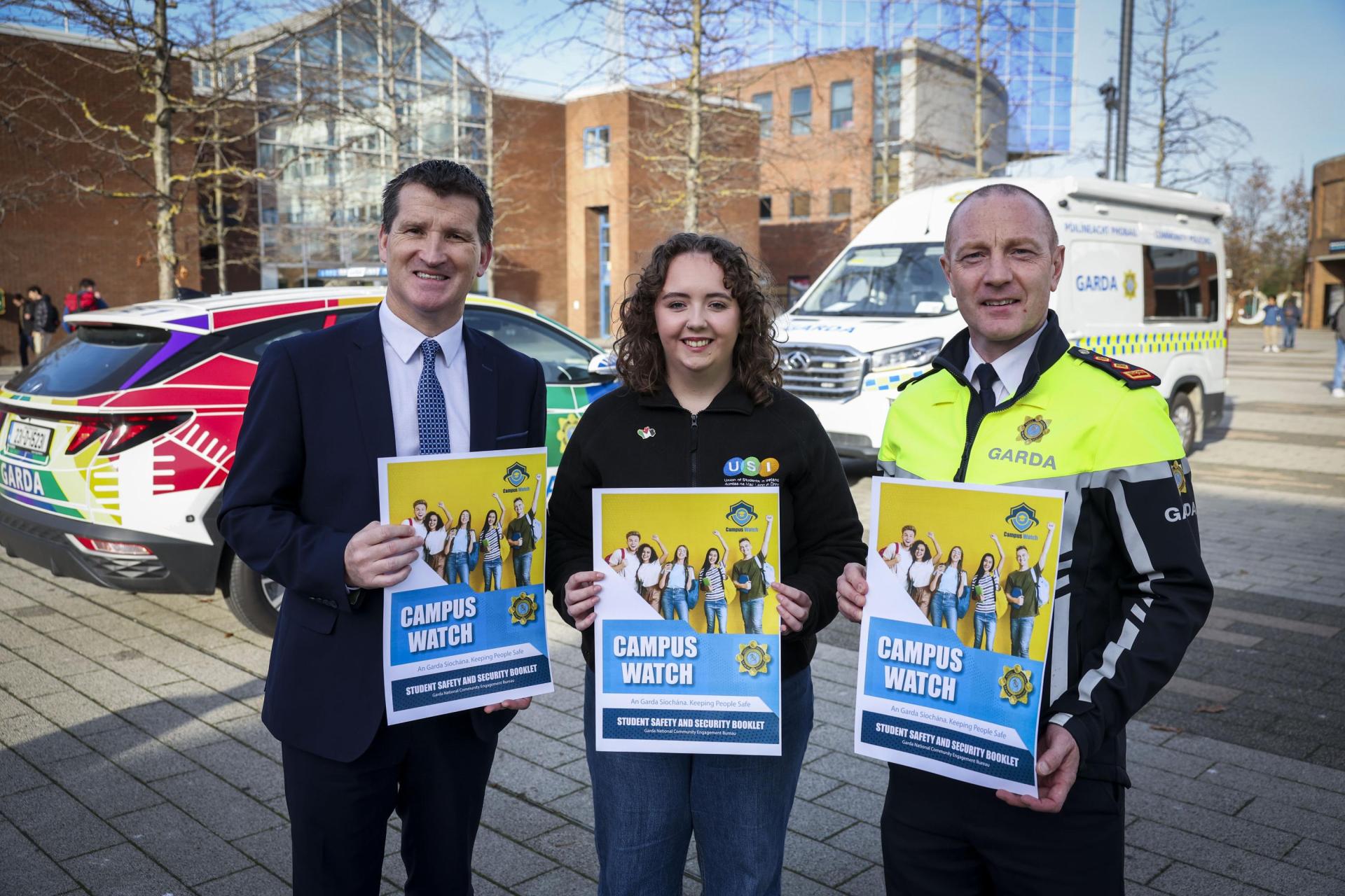 DCU’s Chief Operations Officer Declan Raftery, USI Vice-President for the Dublin Region Emma Monahan and Chief Superintendent Padraic Jones of the Garda National Community Engagement Bureau.