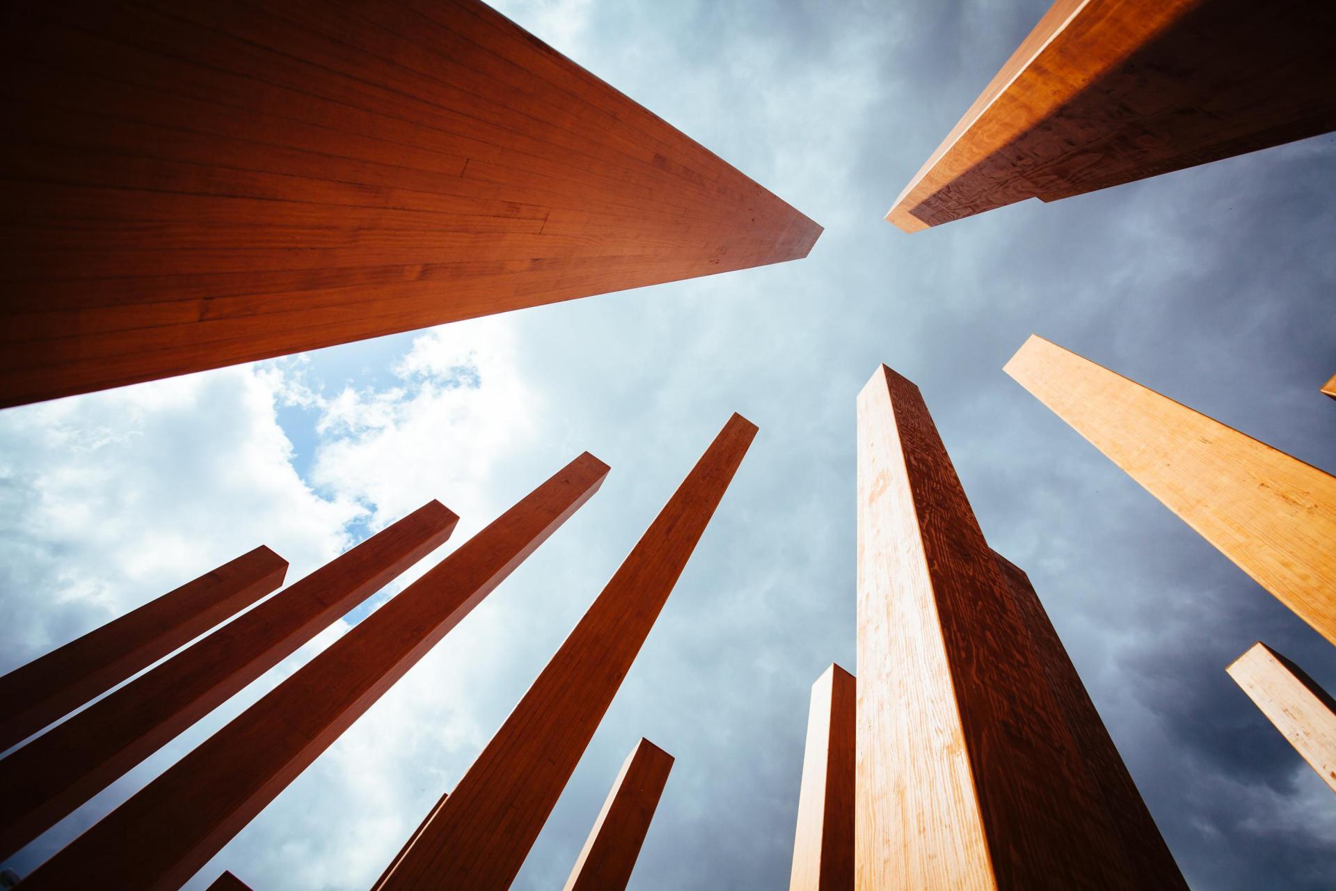 Wooden stacks viewed from below