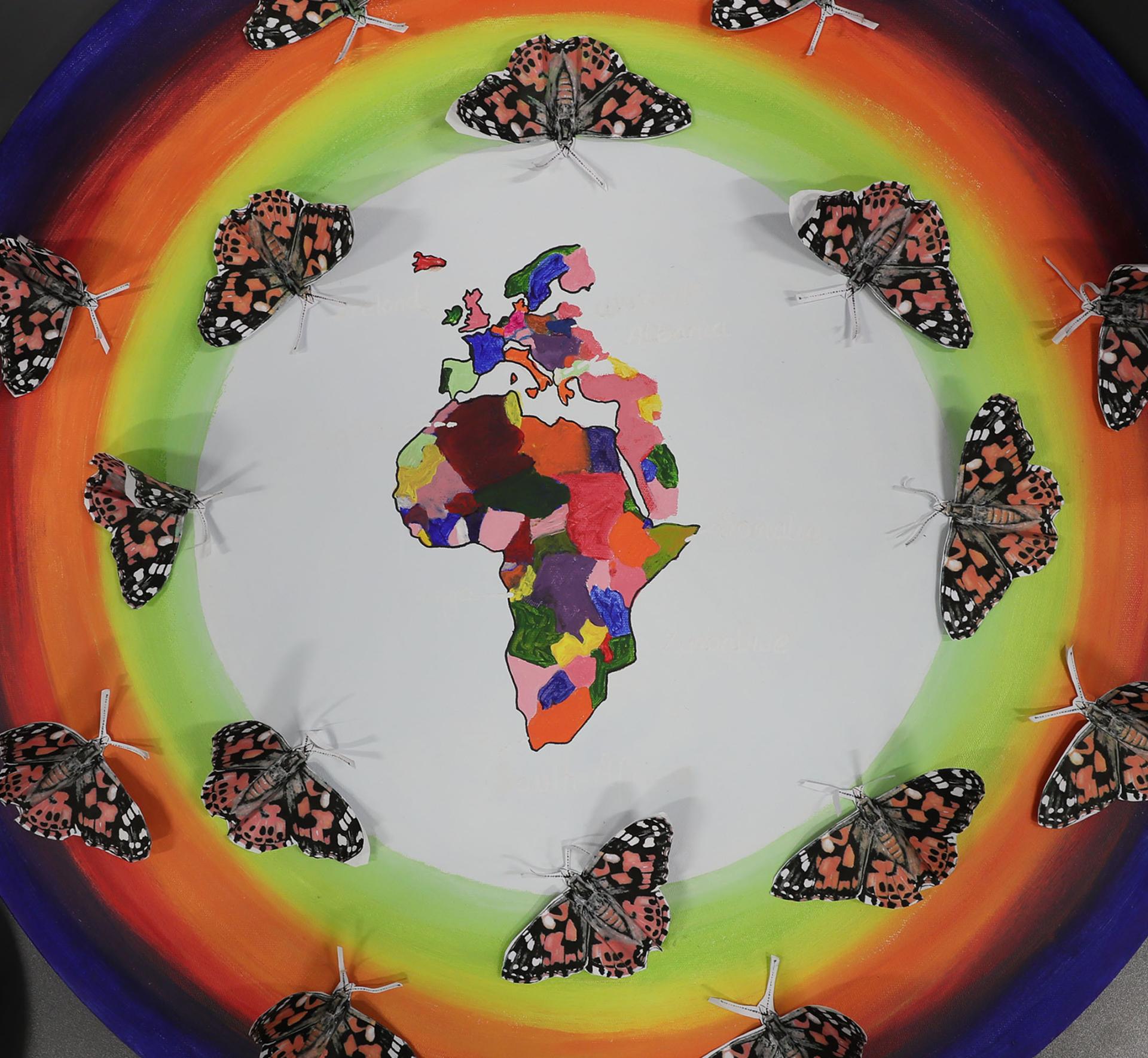 Artwork created by a Changemaker School, depicting a colourful map of the world surrounded by butterflies.