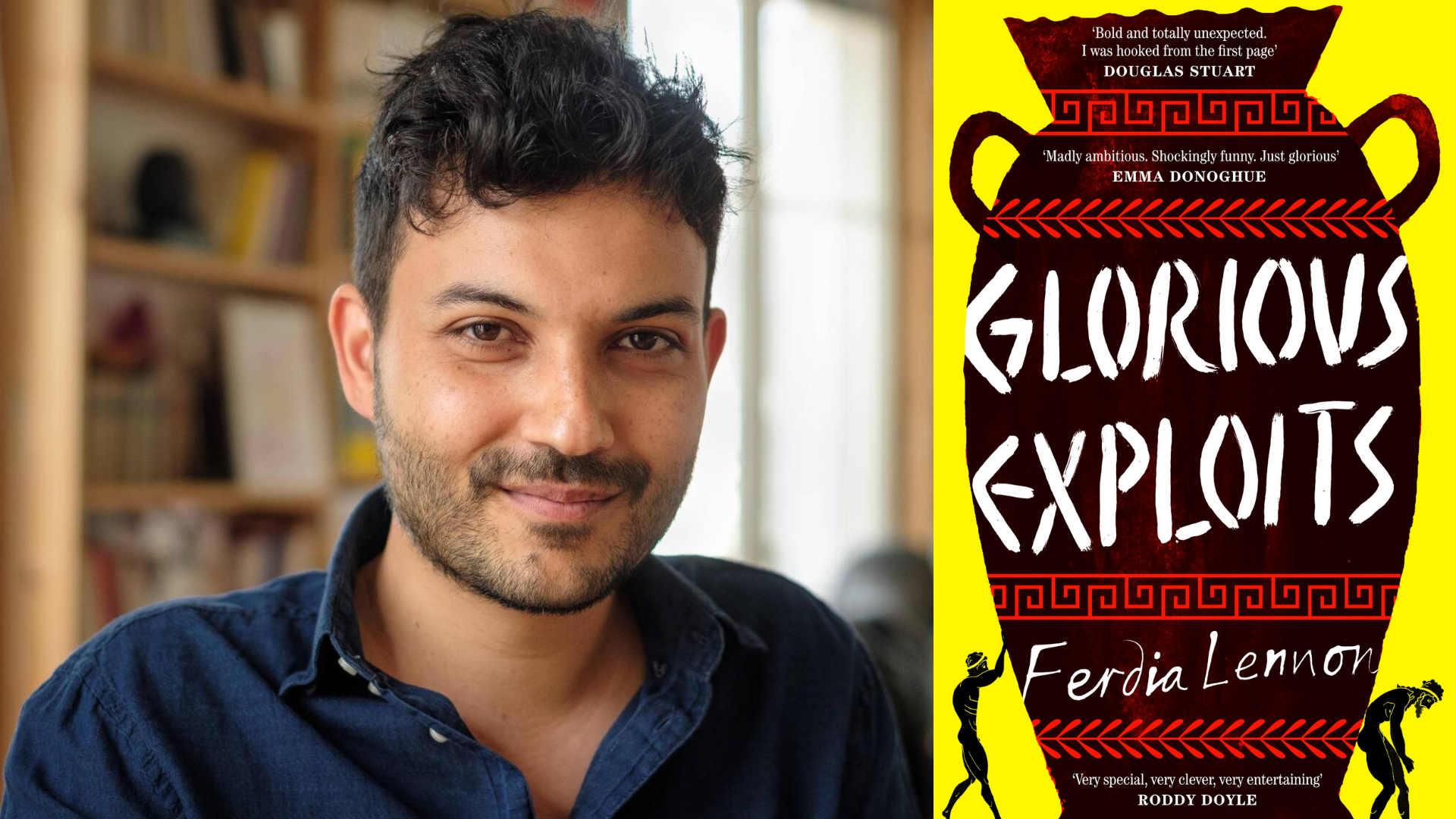 A man beside the cover of Glorious Exploits by Ferdia Lennon